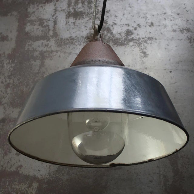 Vintage Industrial Blue Enamel and Cast Iron Pendant Lamp For Sale - Image 6 of 8