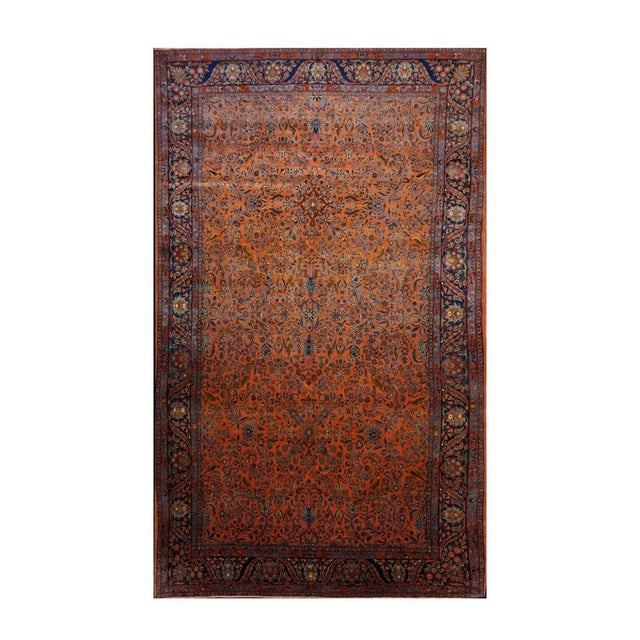 Antique Persian Manchester Kashan Wool 10X17 Salmon, Rust & Navy Handmade Area Rug #1141003