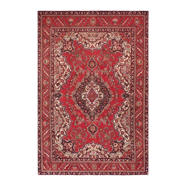Shabby Chic Persian Tabriz Red/Blue Wool Rug - 7'3'' X 10'9'' For Sale