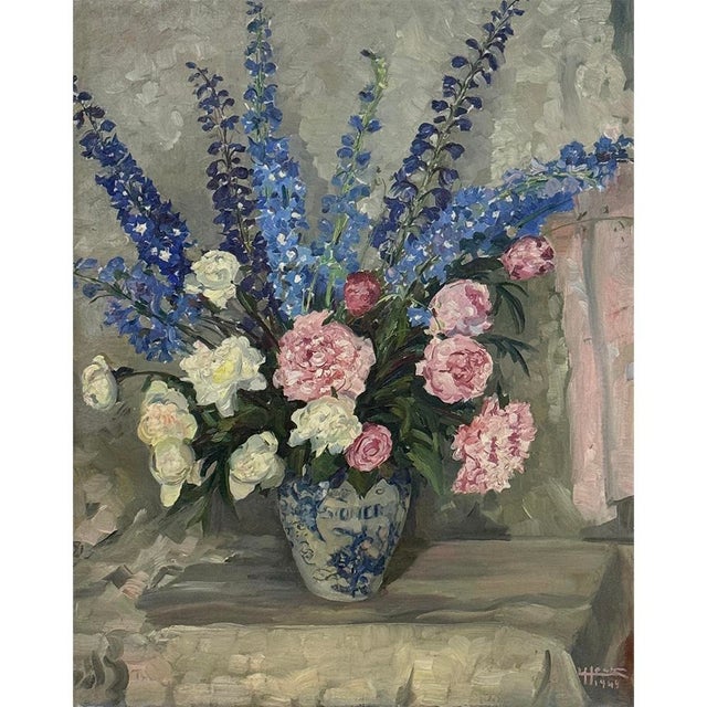 Antique Framed Oil Painting on Canvas by Lucien Hock (1899-1972), Floral Still Life in Delft Pot, Dated 1949 presents a...