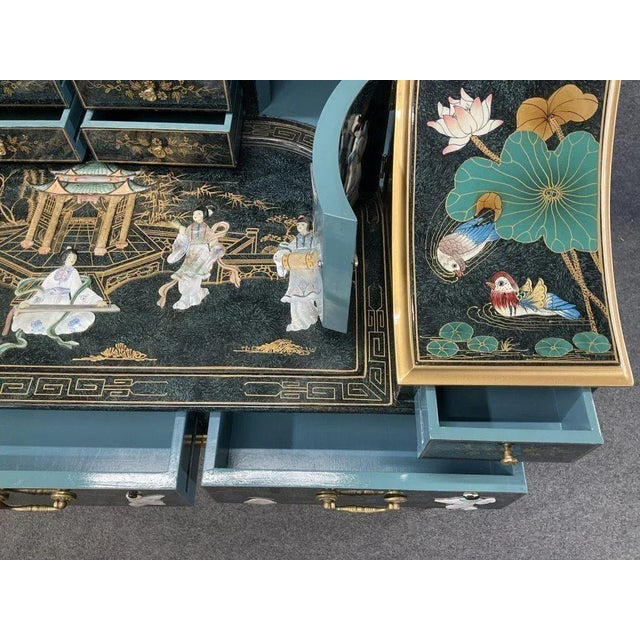 1960s Vintage Asian Lacquered Chinoiserie U Desk With Soapstone Inlay Multiple Drawers For Sale - Image 6 of 16