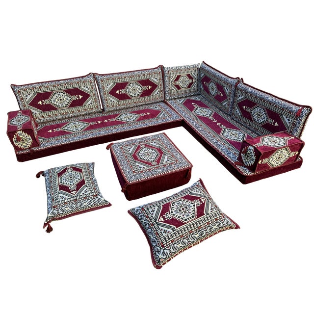 Modular Floor Sofa With Ottoman, Turkish Kilim U-Shaped Set Majlis Floor Sofa Seating For Sale - Image 9 of 18