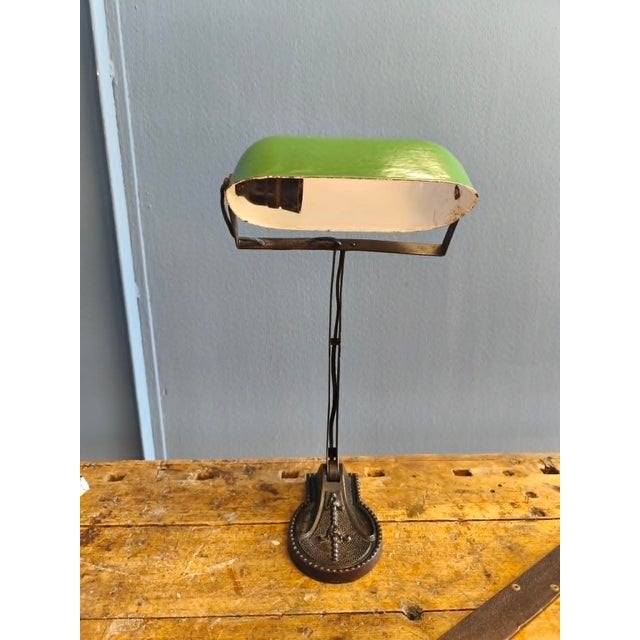 Bank Lamp with Cast Iron Base and Enameled Metal Shade, 1920s For Sale - Image 9 of 14