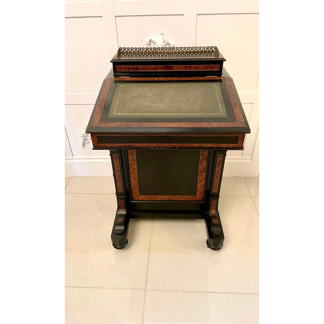 Antique Victorian quality ebonised and walnut crossbanded davenport having a stationery compartment with original brass...