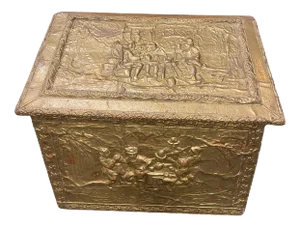 Firewood Coal Wood Repousse Box with Artistic Scenes Brass Panels, 19th Century
