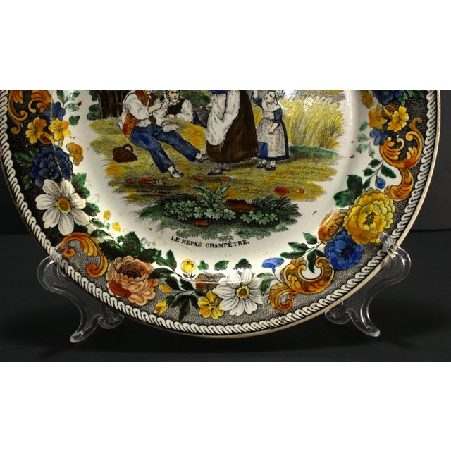 Early 18th Century 1830s Creil L &T French Faience Polychrome Transfer Plate "Le Repas Champetre" For Sale - Image 5 of 14