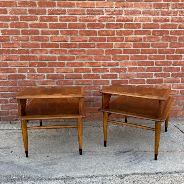 Lane Furniture Pair of Vintage Lane "Acclaim" Walnut Two-Tier Step End Tables For Sale - Image 4 of 11
