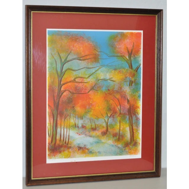 Fine art lithograph by listed French artist Victor Zarou (b.1930) Bright and colorful abstract forested landscape. Pencil...