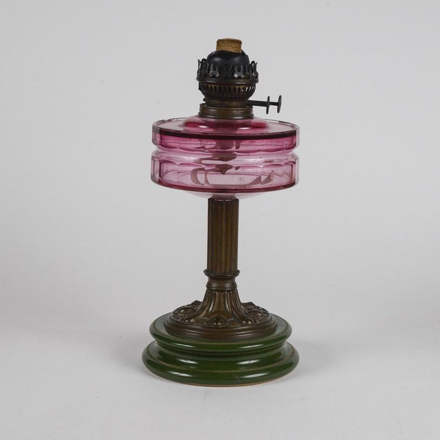 Art Nouveau Ceramic, Glass and Metal Oil Lamp with Original Working Double Wick For Sale - Image 9 of 10