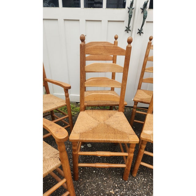 Vintage Set of 10 Light Oak Ladder-Back Rush Seat Dining Chairs For Sale In New York - Image 6 of 18