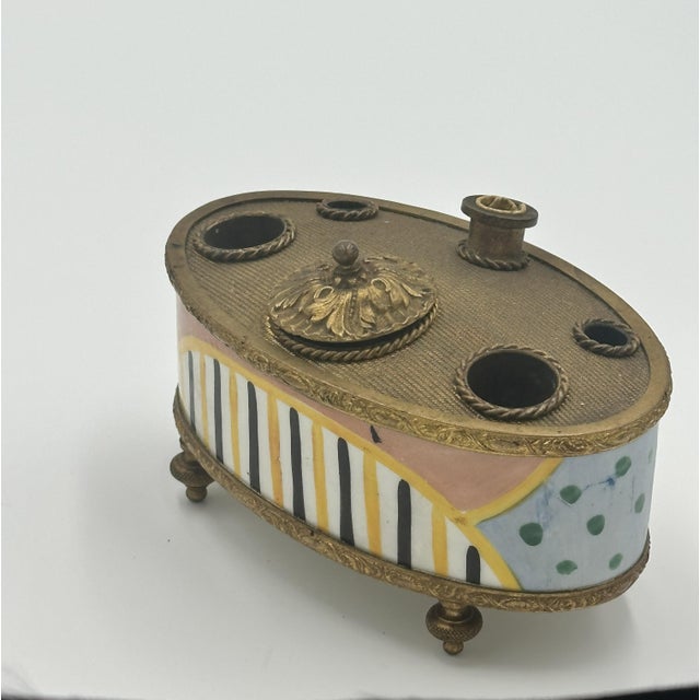 Antique Enameled & Gilt Metal Inkwell • Hand‑Painted Porcelain Base • Ornate Desk Accessory For Sale - Image 4 of 7