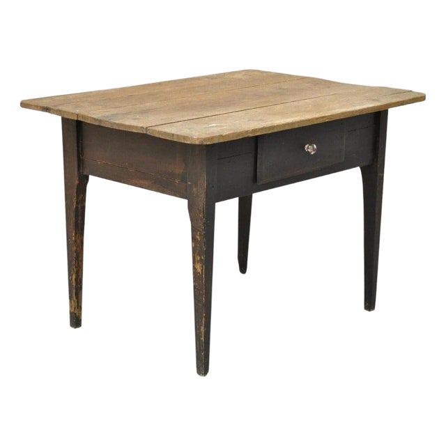 Antique French Country Primitive Black Distress Painted 1 Drawer Desk Work Table For Sale