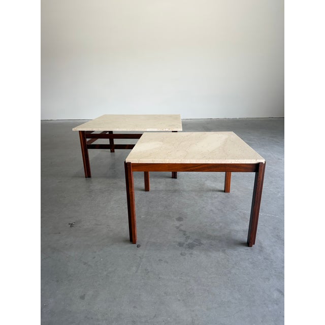 Mid Century Modern Rosewood and Travertine Top Coffee Table and Side Table Set attributed to Gillis Lundgren for Ikea...