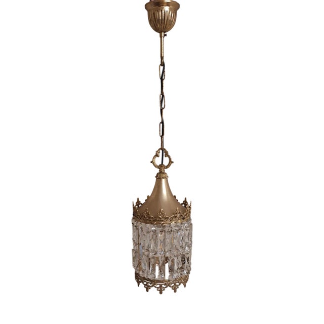 Vintage Brass Metal and Crystal Glass Ceiling Lamp, 1970s For Sale
