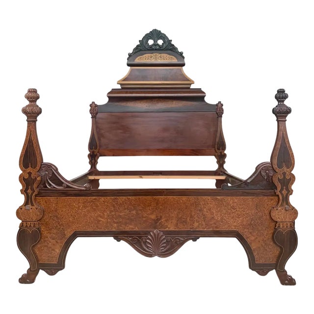 Antique Italian Victorian Carved Walnut Highback Full Bedframe For Sale