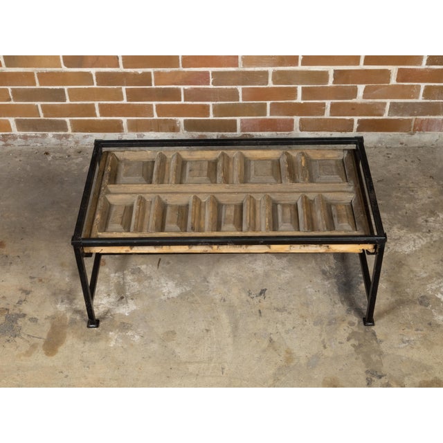 Early 21st Century Contemporary Coffee Table Made with Antique Door Fragment on Custom Iron Base For Sale - Image 5 of 11