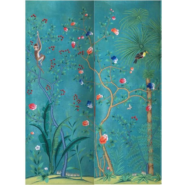 Not Yet Made - Made To Order Hand Painted Teal Tropical Chinoiserie Jungle Animal Mural Panel For Sale - Image 5 of 7