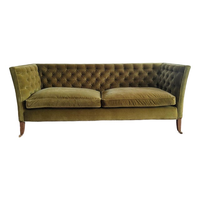 Olive Green Velvet Tufted Sofa For Sale