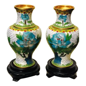 Pair of Mid 20th Century Chinese Cloisonné Vases Enjoyable Investment Blue/Lavender Blooms