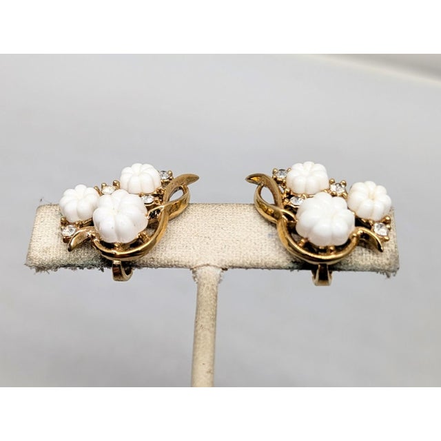 Trifari Vintage Signed Crown Trifari White Melon Shaped Rhinestones Clip Earrings- 2 Pieces For Sale - Image 4 of 7