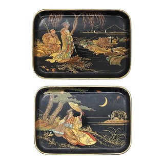 Late 19th Century English Papier-Mache Black and Gold Lacquer Desk / Vanity Trays - Set of 2 For Sale