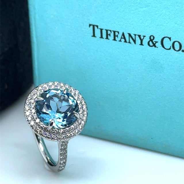 Metal Tiffany & Co. Platinum Soleste Aquamarine & Diamond Ring 3.95ct 7.17g, Size 5 For Sale - Image 7 of 11