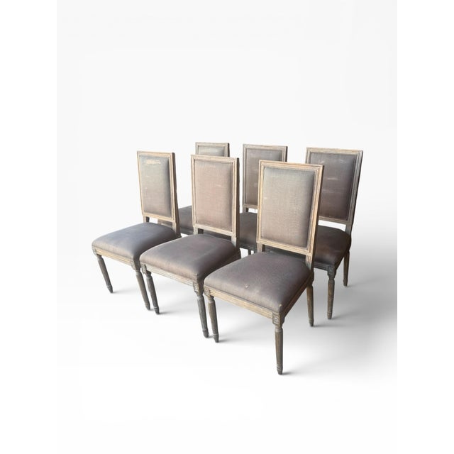 Gray Restoration Hardware Set of 6 Vintage French Square Cane Back Dining Chairs in Belgian Linen For Sale - Image 8 of 13