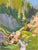 This gouache work captures a serene landscape, where a gentle stream weaves through lush greenery and rugged rocks. The...