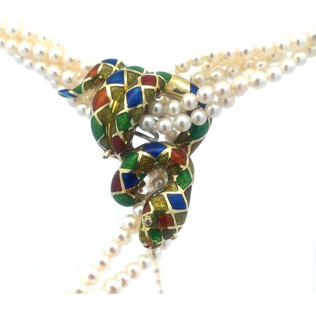 Metal 14k Enamel Diamond Snake Pendant 6 Strand Pearls Yellow Gold Necklace For Sale - Image 7 of 10