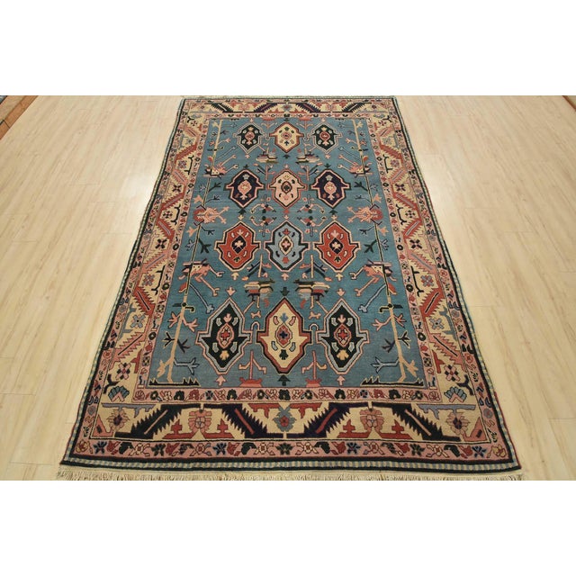 Tribal Heriz Rug 5’10” X 8’11” Blue Wool Vintage Tribal Hand-Knotted Oriental Carpet For Sale - Image 3 of 13