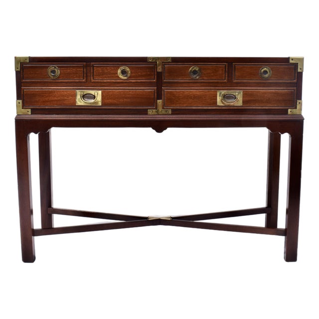 Mahogany Campaign Style Two Drawer Console Table For Sale