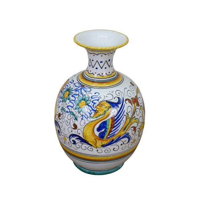 Late 20th century Italian Deruta porcelain flower vase decorated with floral designs and a pair of Raffaellesco dragons....