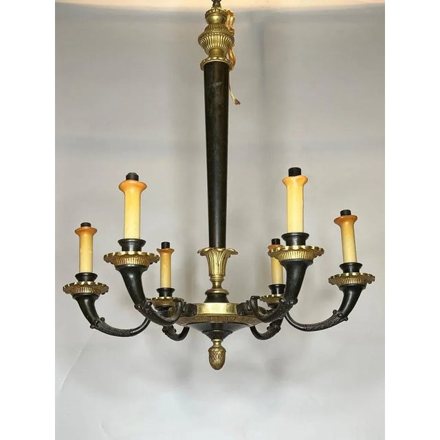 French Petite Empire Style Patinated and Gilt Bronze Chandeliers - A Pair For Sale - Image 3 of 13