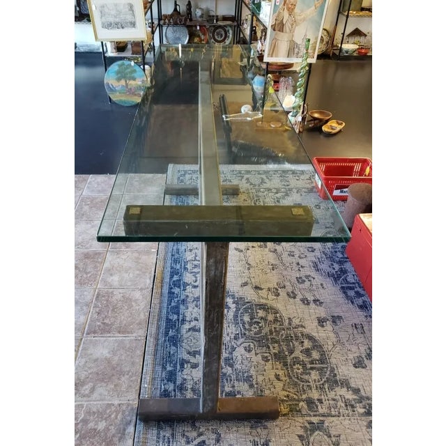 Contemporary Modern Style Brushed Steel Truss Base Glass Top Elongated Raised Rectangular Table (20th./21st Century) For Sale In New Orleans - Image 6 of 11