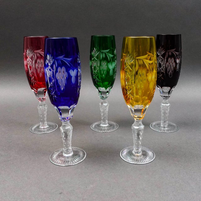 Ajka Hungary Marsala Multicolor Cut To Clear Crystal Champagne Flutes Glasses Set Of 5. Measures approximately 2"...