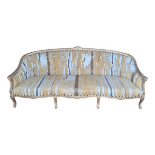 Early 20th Century French-Style Carved Wood Sofa With Striped Upholstery For Sale