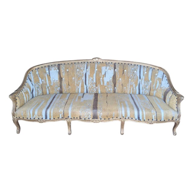 Early 20th Century French-Style Carved Wood Sofa With Striped Upholstery For Sale