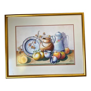 Spanish Still Life Watercolor on Paper Gold Frame For Sale
