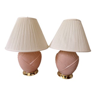Pair of Vintage 1980s Art Deco Revival Shell Table Lamps - Peachy Pink With Pleated Shades For Sale
