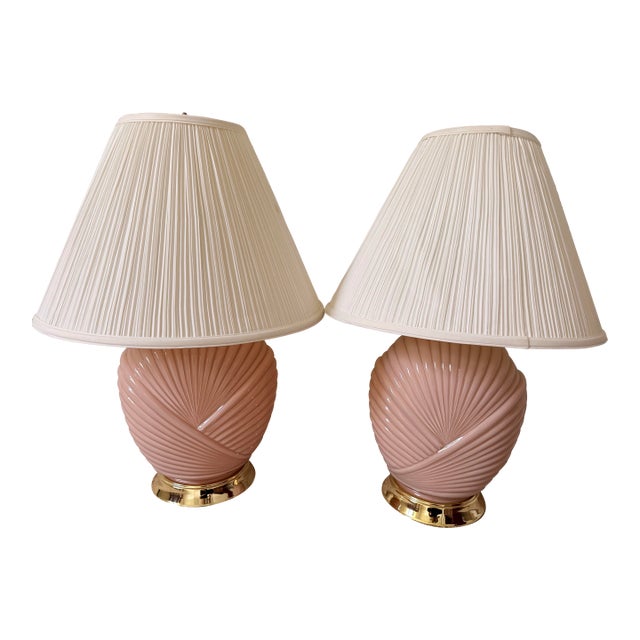 Pair of Vintage 1980s Art Deco Revival Shell Table Lamps - Peachy Pink With Pleated Shades For Sale
