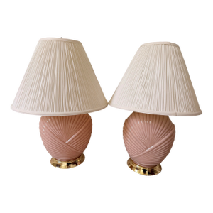 Pair of Vintage 1980s Art Deco Revival Shell Table Lamps - Peachy Pink With Pleated Shades