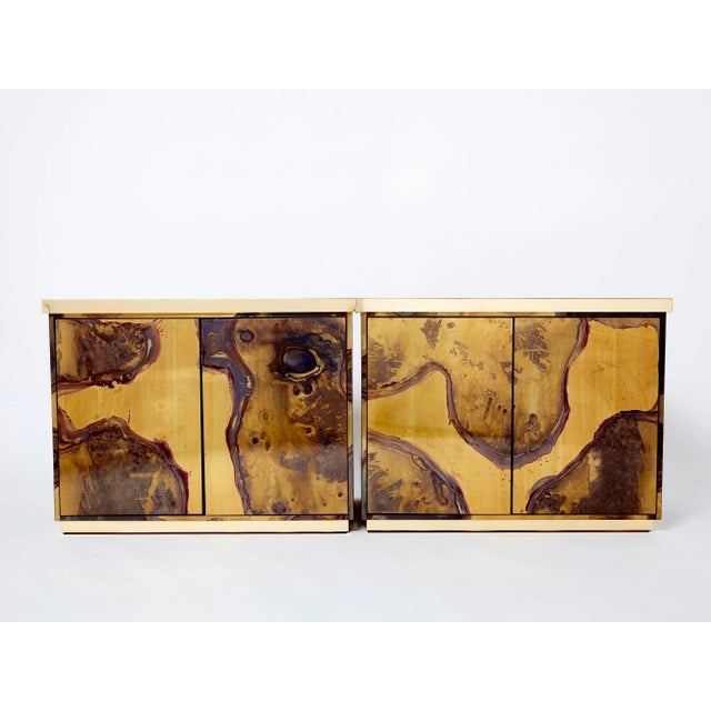 Maison Honoré Pair of Isabelle and Richard Faure Oxidized Brass Cabinets Buffets 1970s For Sale - Image 4 of 13