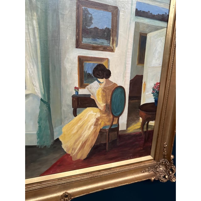 V. Hansen, Interior with Reading Woman, 1960s, Oil Painting on Canvas, Framed For Sale - Image 10 of 17