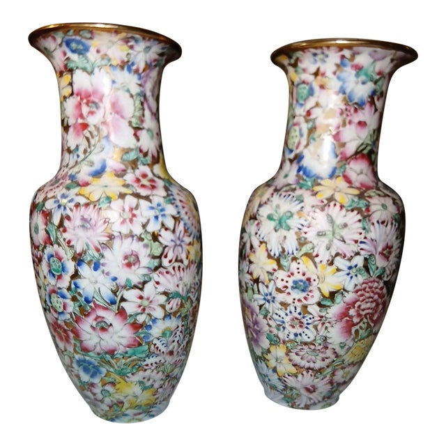 Pair of Vintage Acf Hong Kong Millefleur Vases For Sale