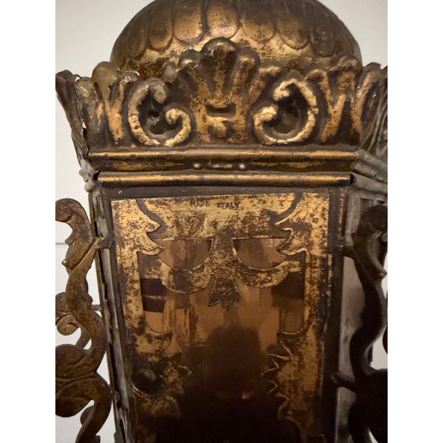 Copper Vintage Italian Renaissance Revival Gilt-Metal and Iron Floor Lanterns — Matching Pair, 76 Inches Tall For Sale - Image 8 of 11