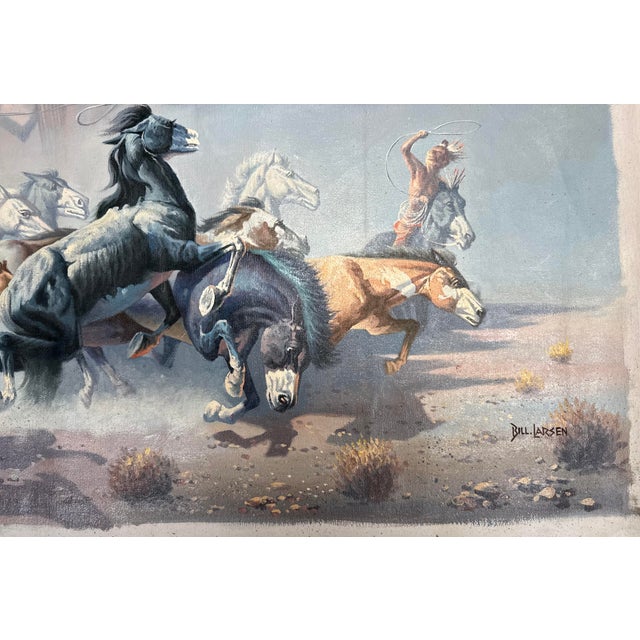1970s Original Bill Larsen Native American Indian Chief Horse Hunt Oil Painting Canvas For Sale - Image 10 of 13