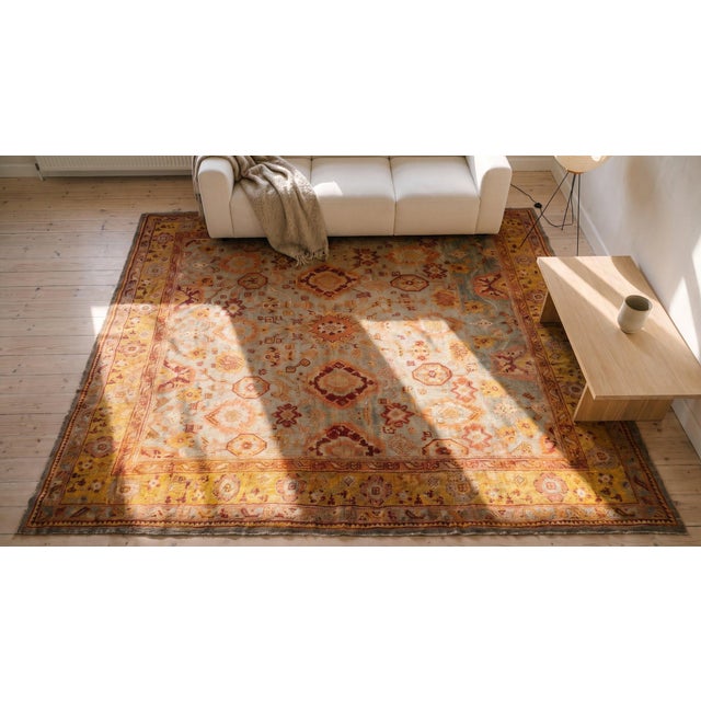 Tribal Large Scale Pattern Light Blue Seafoam Color Antique Turkish Oushak Rug For Sale In New York - Image 6 of 8