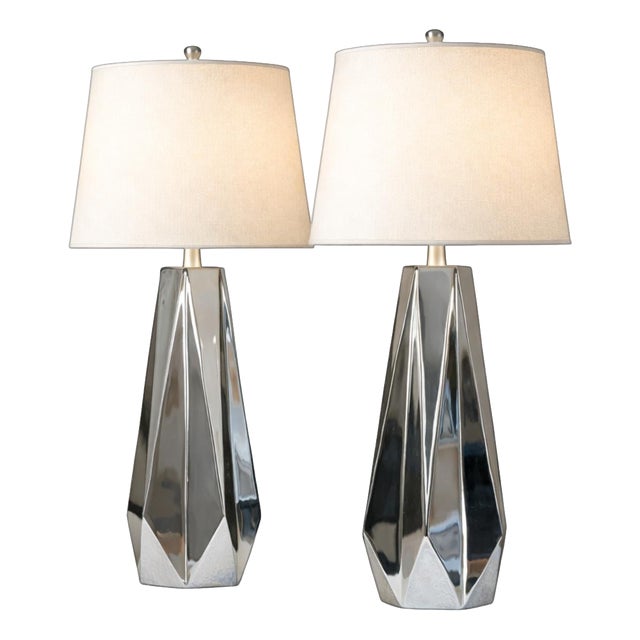 Chrome Faceted Table Lamps with Neutral Shades from Justfurnituress SRL, Set of 2 For Sale