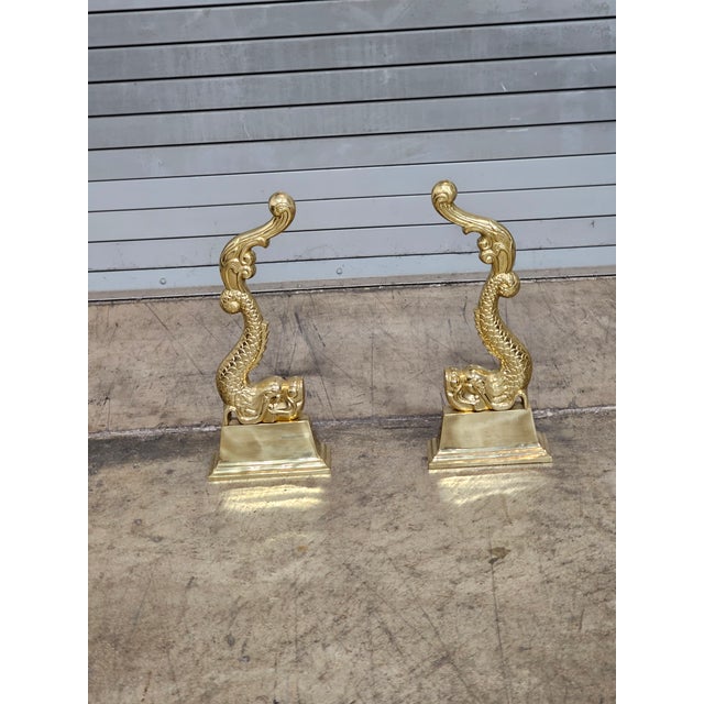 Store Item: Pair of Virginia Metalcrafters Dolphin Brass Fireplace Andirons Description: Cast Brass replicated 18th...