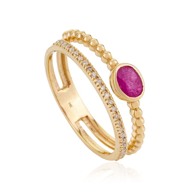 Ruby & Diamond Beaded Double Band Stacking Ring Size 5 Set in 14k Yellow Gold For Sale - Image 4 of 16
